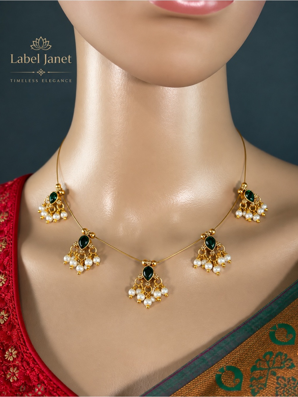 Gold-Tone Necklace with Green Stones and Pearls